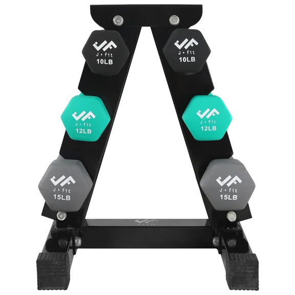 JFIT Dumbbell Set w/Durable Rack, Double Neoprene Coated Workout Weights, Solid Design Rack, 74 LB Set