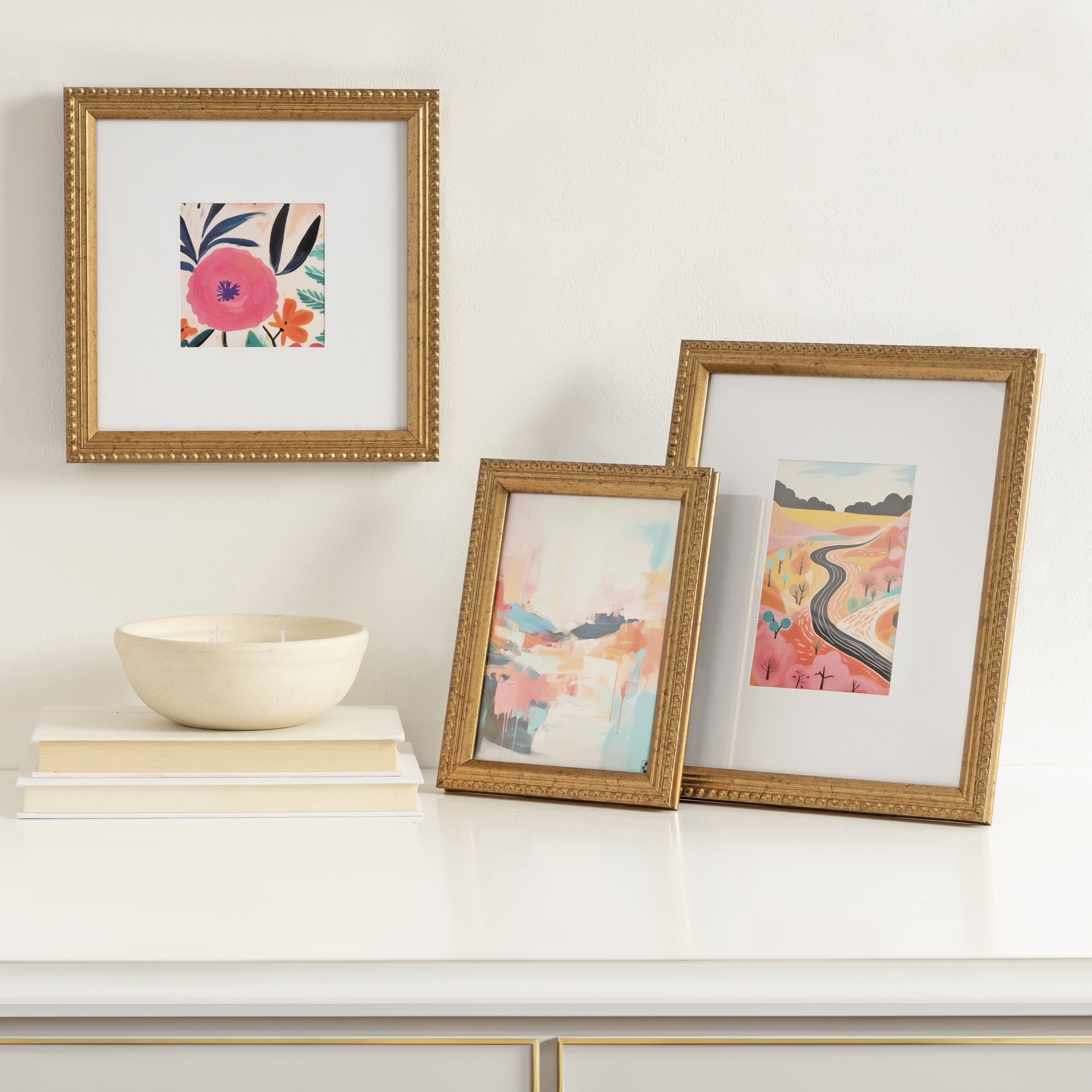 DesignOvation 8x8 Matted for 4x4 Beaded Gold Decorative Tabletop Picture Frame