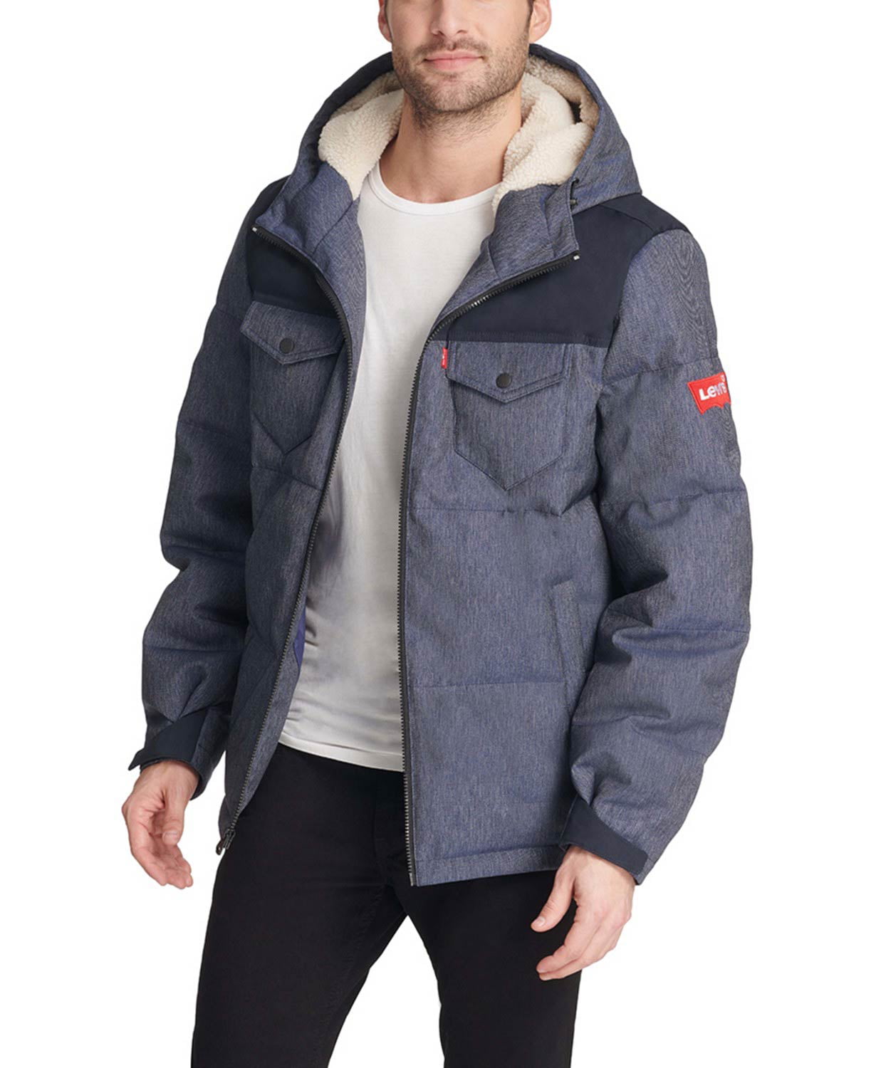 Levi's Mens Quilted Mix-Media Puffer Jacket Fleece-Lined Hood L Navy -  