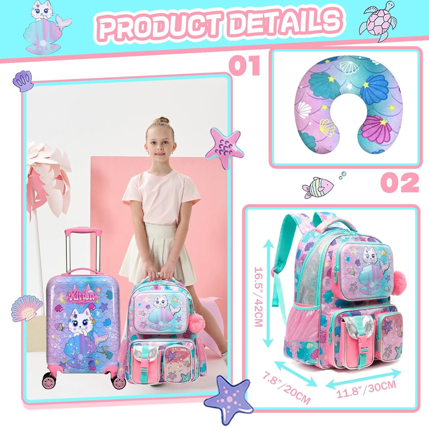 Kids Carry on Luggage Sets Rolling Pink Suitcases with Wheels with Travel Pillow Backpack Lunch Box 5 In 1 for Toddlers Travel