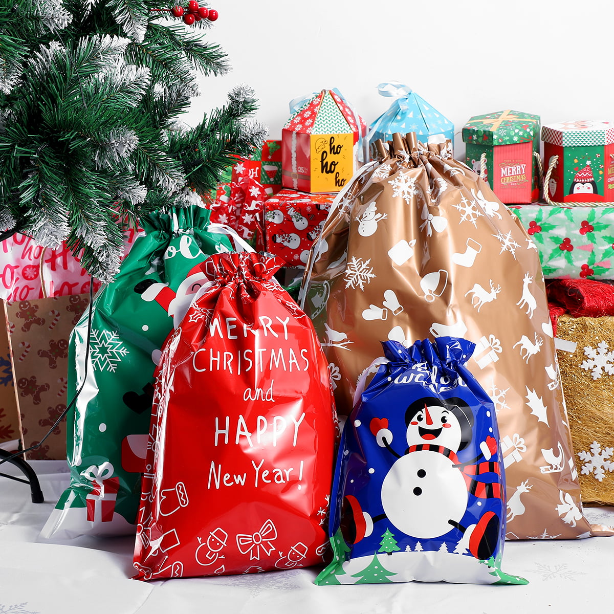 OUSCENE 31 PCS Christmas Gift Bags Drawstring Gift Bag Assorted Christmas Wrapping Bag Plastic Candy Treat Bags with Ribbon Tie for Xmas Snack Cookie Goodie Decoration Party Holiday Kids Presents 