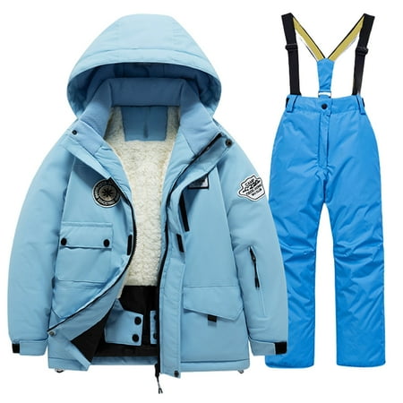 LIJCC Kids 2 Piece Ski Suit Boys/Girls Thicken Warm Hooded Full Zip Sherpa-Lined Jacket and Ski Bib Pants Snowsuit Snowboarding Winter Insulated Clothes
