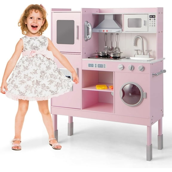 OLAKIDS Kids Kitchen Playset, Toddler Wooden Pretend Cooking Set with Realistic Light Sound, Stove Removable Sink Microwave Storage Cabinet, Simulation Play Kitchen Toy for Children Boys Girls