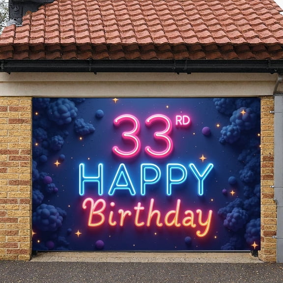 Neon Style 33rd Birthday Banner Pink Blue Neon Display Star Decorations Purple Pom Poms 33 Birthday Backdrop for 33rd Birthday Party Adult Birthday Celebration Neon Themed Party