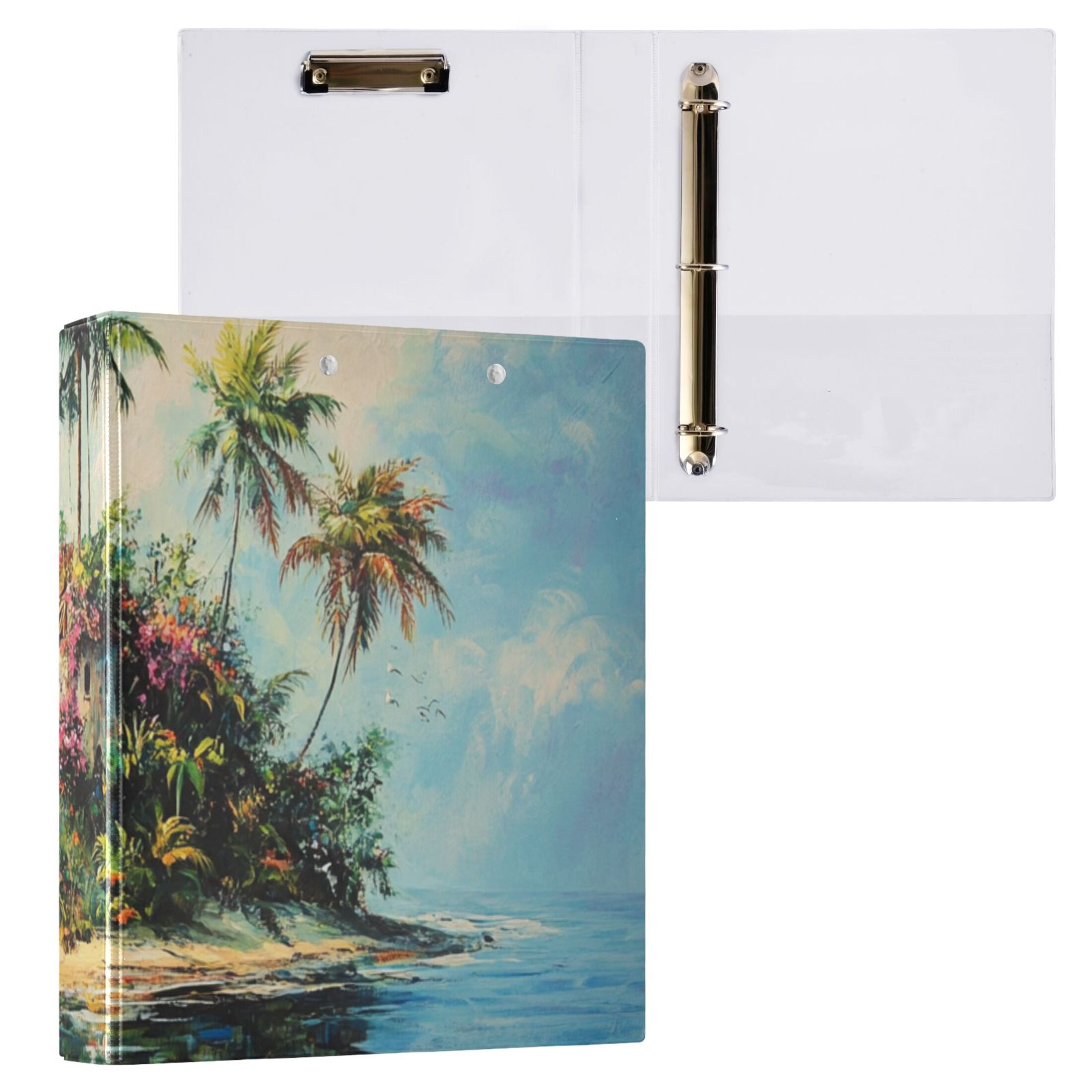 Watercolor Paradise Island 3 Ring Binders 1.5 inch Hardcover File Folders with Interior Pockets A4 Size Organizer for School Office Hospital
