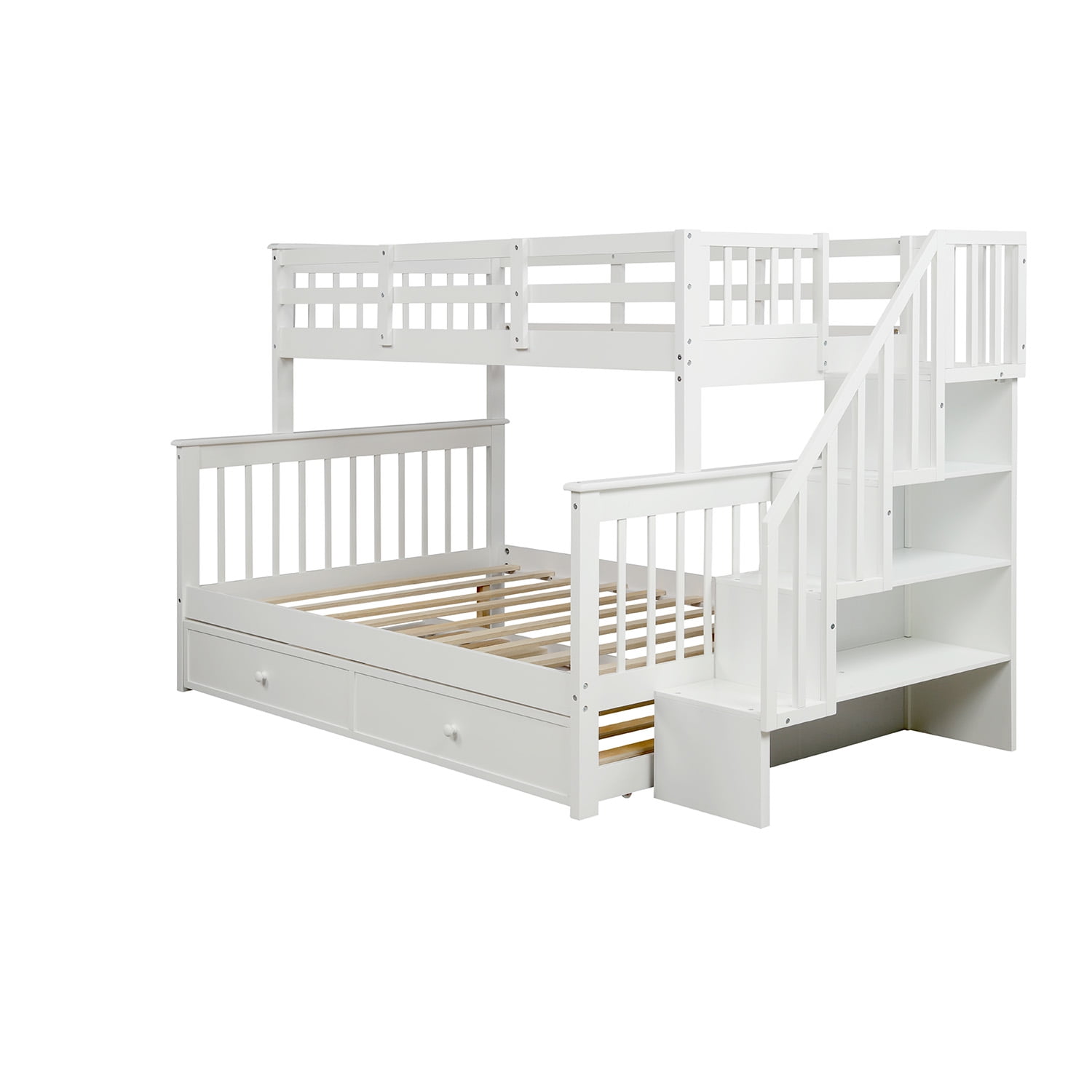 Kepooman Twin-Over-Full Modern Wooden Stairway Bunk Bed with Twin size Trundle & Storage for Bedroom Dorm, 91.73" x 54.33" x 61.4", White Kepooman Twin-Over-Full Modern Wooden Stairway Bunk Bed with Twin size Trundle & Storage for Bedroom Dorm, 91.73" x 54.33" x 61.4", White