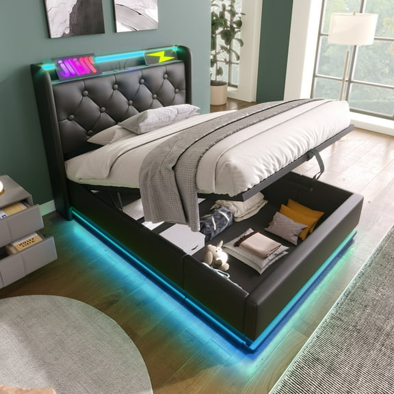 Kumix Twin Size Upholstered PU Bed, 360 Surround LED Function, Buttons/Apps/Remote Control, Hydraulic Storage Bed with USB Type-C Charging, Black