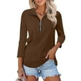 thumbnail image 2 of Women's V Neck Polo Shirt 3/4 Sleeve Quarter Zip Collared Tops Color Block Casual Dressy Fall Ladies Blouses, 2 of 9
