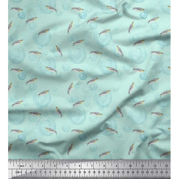 Soimoi Green Silk Fabric Bubbles & Penguin Watercolor Print Fabric by Yard 44 Inch Wide