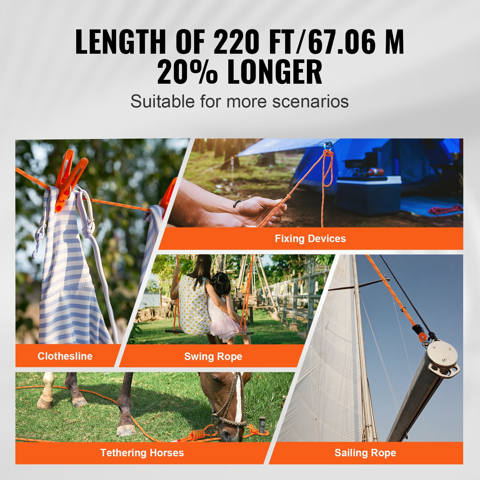 VEVOR Double Braided Polyester Rope, 3/4 in x 220 ft, 24 Strands, 12700 LBS Breaking Strength Outdoor Rope, Arborist Rigging Rope for Rock Hiking Camping Swing Rappelling Rescue, Orange/Black