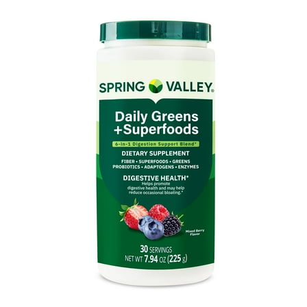 Spring Valley Daily Greens   Super Foods Digestive Health Dietary Supplement, Mixed Berry Flavor, 30 Servings, 7.94 oz