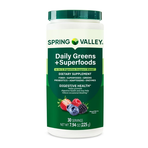Spring Valley Daily Greens   Super Foods Digestive Health Dietary Supplement, Mixed Berry Flavor, 30 Servings, 7.94 oz