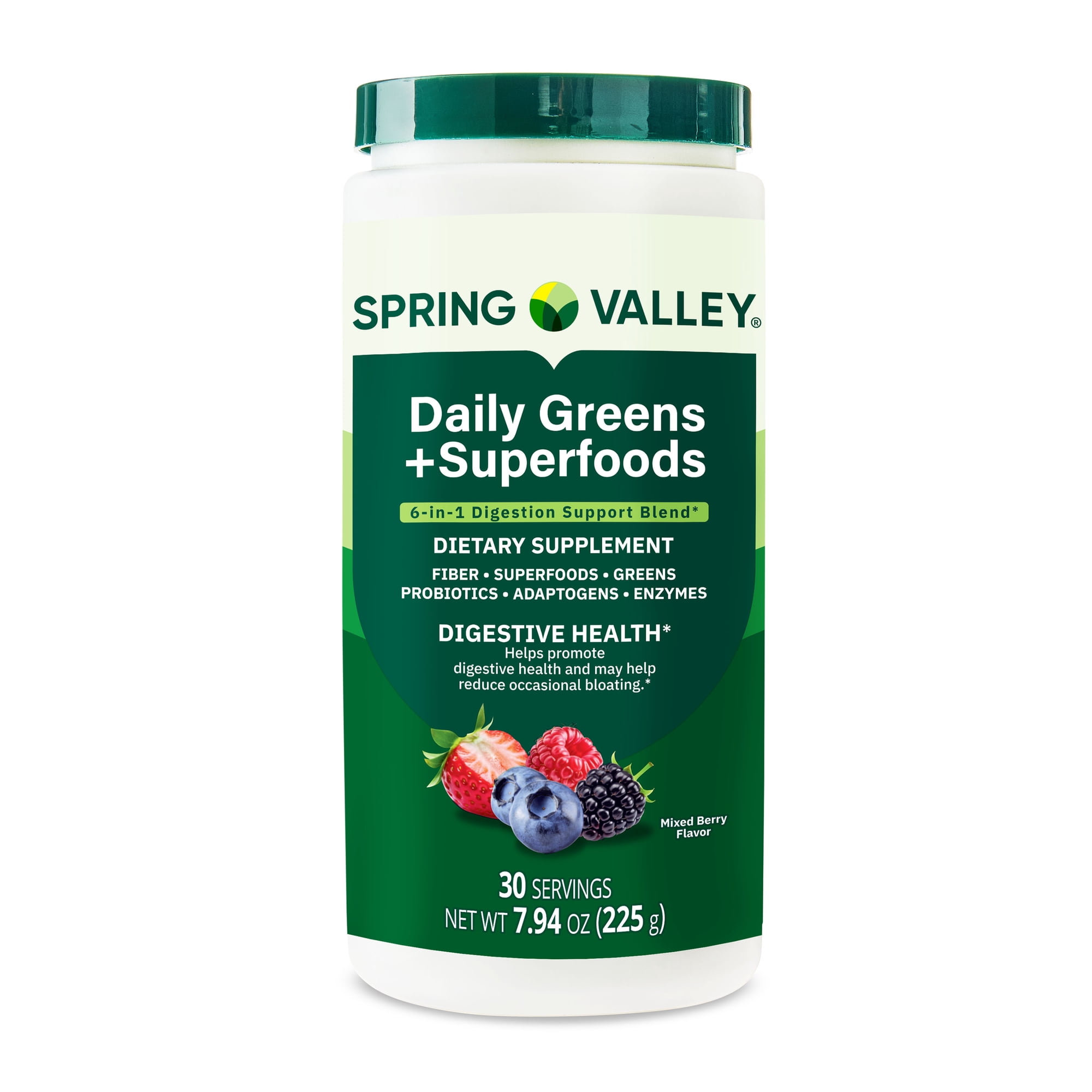 Spring Valley Daily Greens + Super Foods Digestive Health Dietary Supplement, Mixed Berry Flavor, 30 Servings, 7.94 oz