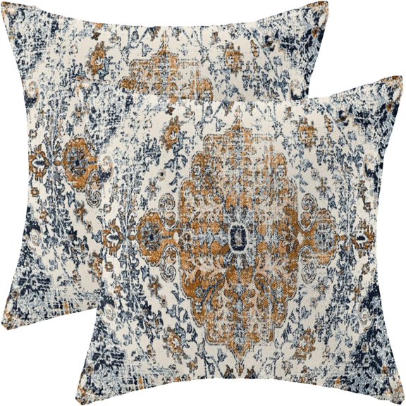 Boho Pillow Covers 20x20 Inch Set of 2,Carpet Pattern Throw Pillows Case,Rust Blue Ethnic Design Outdoor Decorative Square Linen Farmhouse Decor Cushion Covers for Home Sofa Bed Couch
