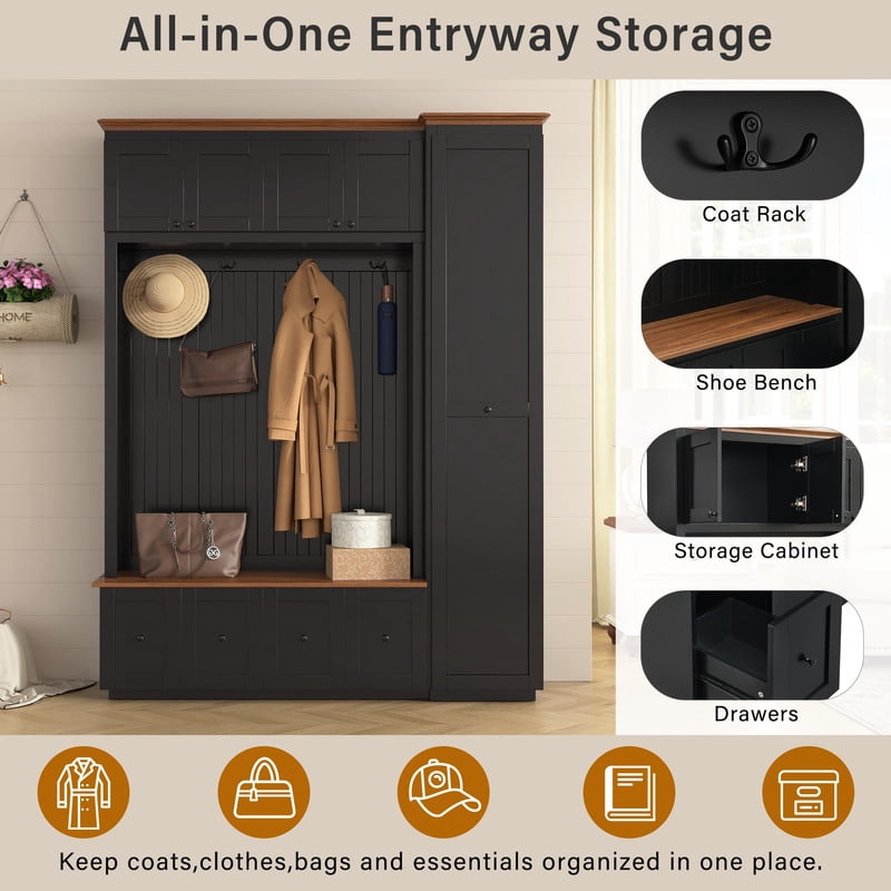 Farmhouse 5-in-1 Hall Tree with Pull-out Side Cabinet, Entryway Bench with 4 Drawers, Modern Coat Rack with Cabinets and Hooks for Mudroom