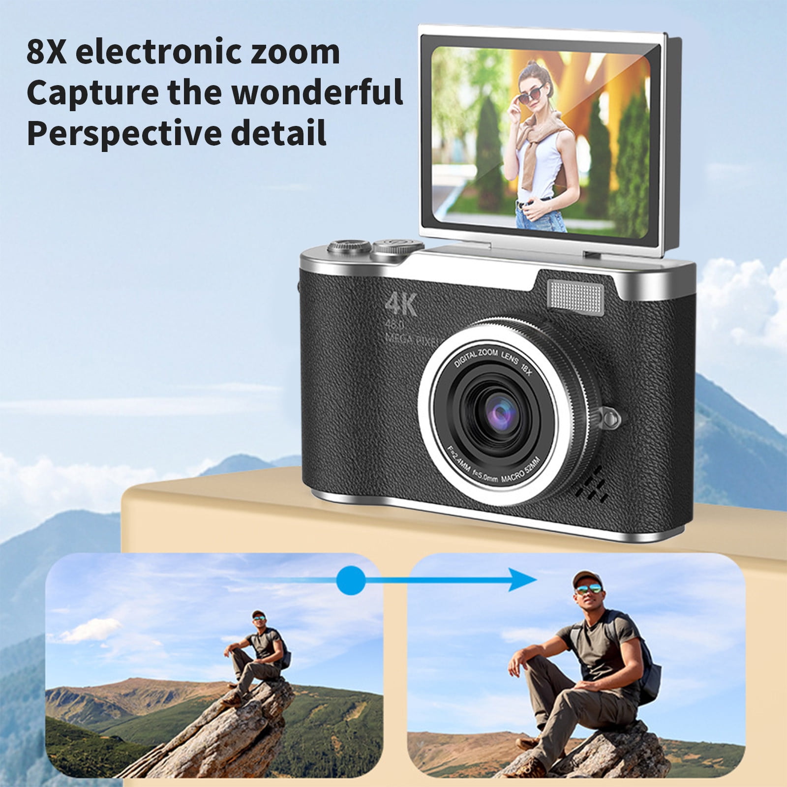 Digital Camera, Gaqring 2.4 Inch Flip Screen Autofocus 1080P HD Selfie Beauty Camera, 8X Digital Zoom 48MP CMOS Sensor Night Vision Flash Portable Teen Camera, Black