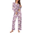 thumbnail image 3 of qolati Christmas Pajamas for Women Set 2 Piece Lounge Outfits Cute Santa Claus Print Long Sleeve Half Button Henley Pleated Sleepwear Long Pant Pjs Sets Purple XXL, 3 of 5