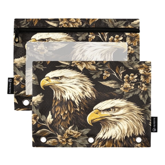 2 Pack Pencil Bag 9.84x6.1 Inch 3-Ring Page Turning Folder Zipper Pencil Case Pencil Bag Page Turning File Bag Brown Eagle