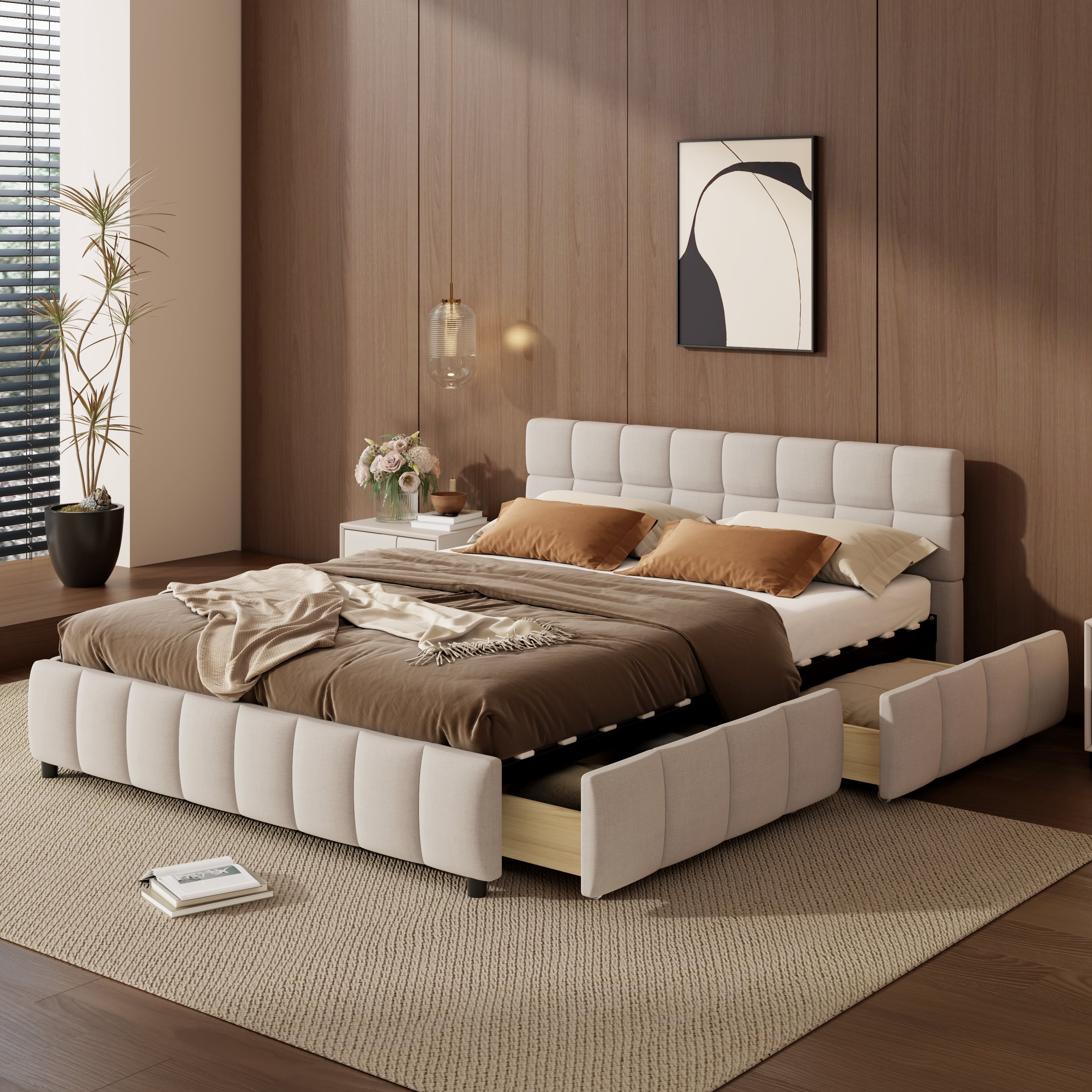 Howcool Queen Size Upholstered Platform Bed Frame with 4 Storage Drawers,Tufted Headboard,Linen Low-profile Bed with Wooden Slats,No Box Spring Needed,Beige
