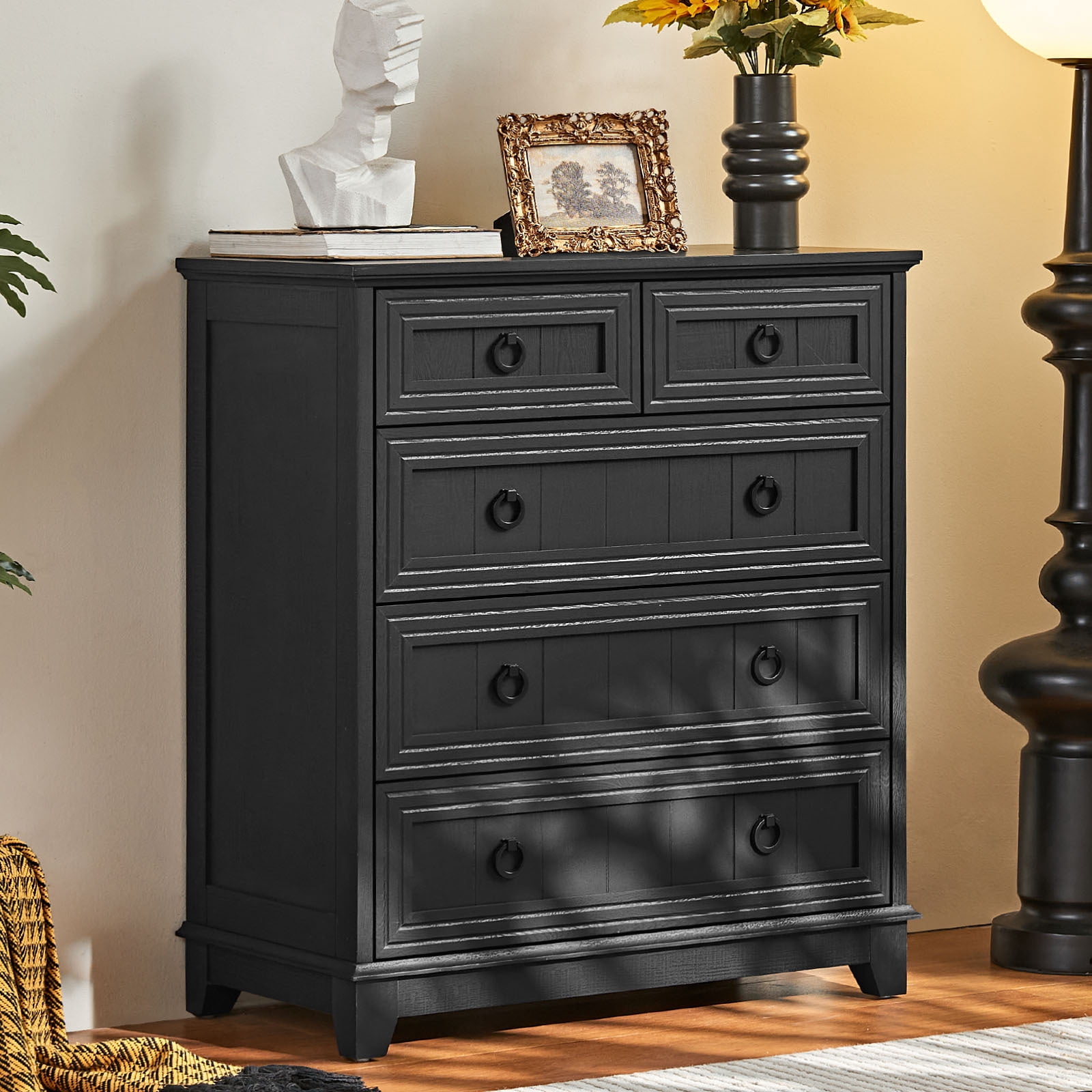 Farmhouse 5 Drawers Dresser for Bedroom with Smooth Metal Rails, Vertical Wood Dresser with Deep Drawers, Chest of Drawers for Bedroom, Black