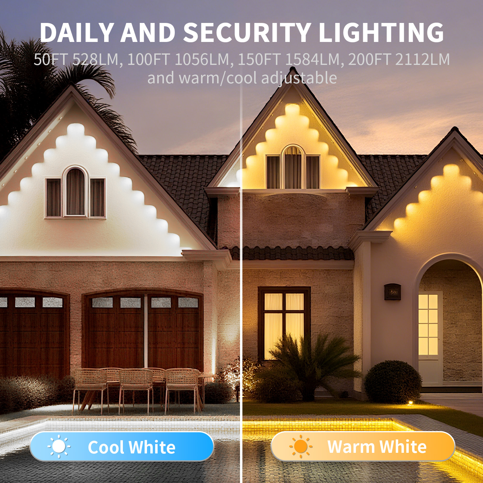 Permanent Outdoor Lights for House, 50ft RGB+IC Smart Outdoor Decor, 50 Scene Modes, App/Remote Control, IP68 Waterproof, for Christmas, Holiday, Daily & Pool Party Decor, House Roof Lighting