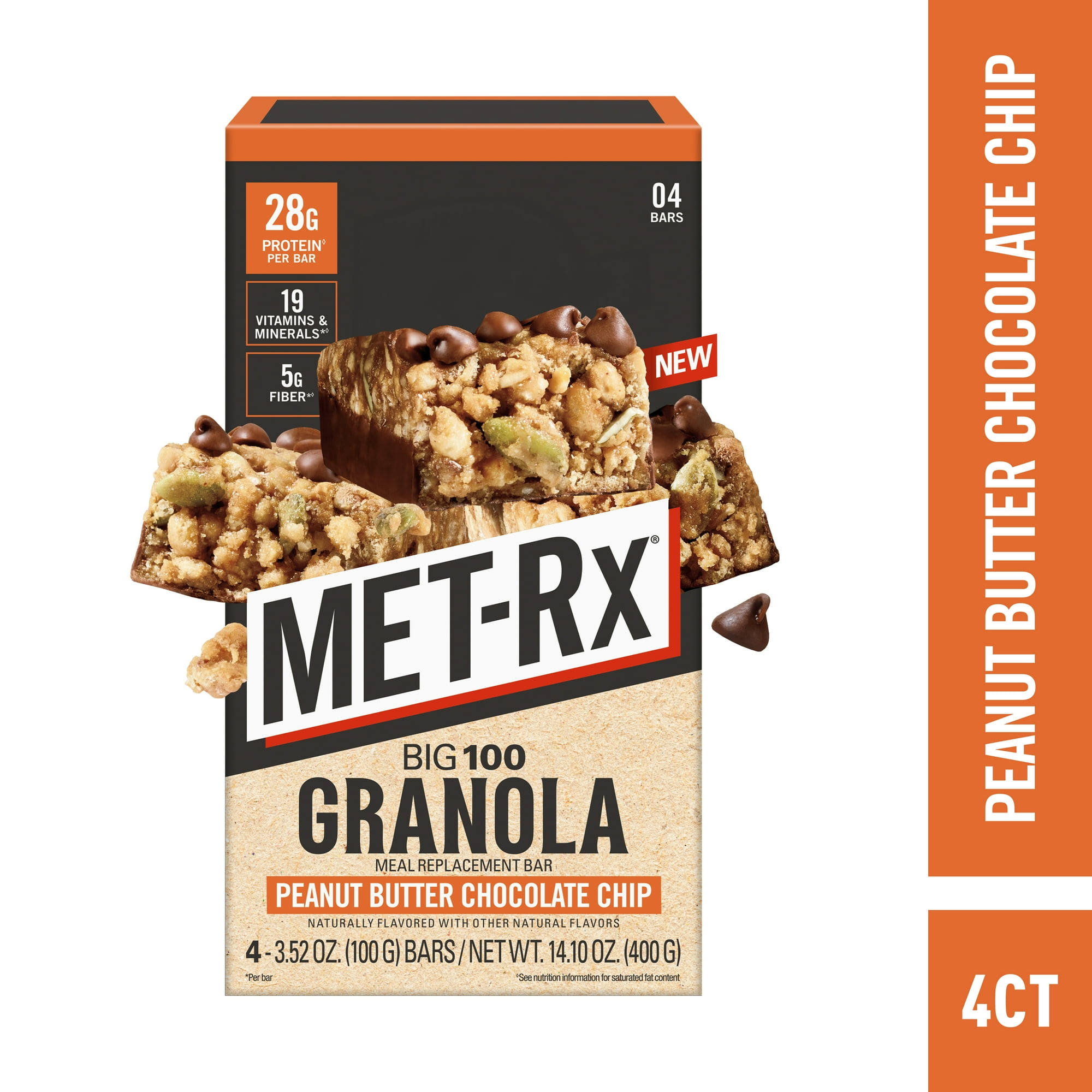 MET-Rx Big 100 High Protein Meal Replacement Bars, Granola Peanut Butter, 28g Protein, 3.52 oz, 4 Count