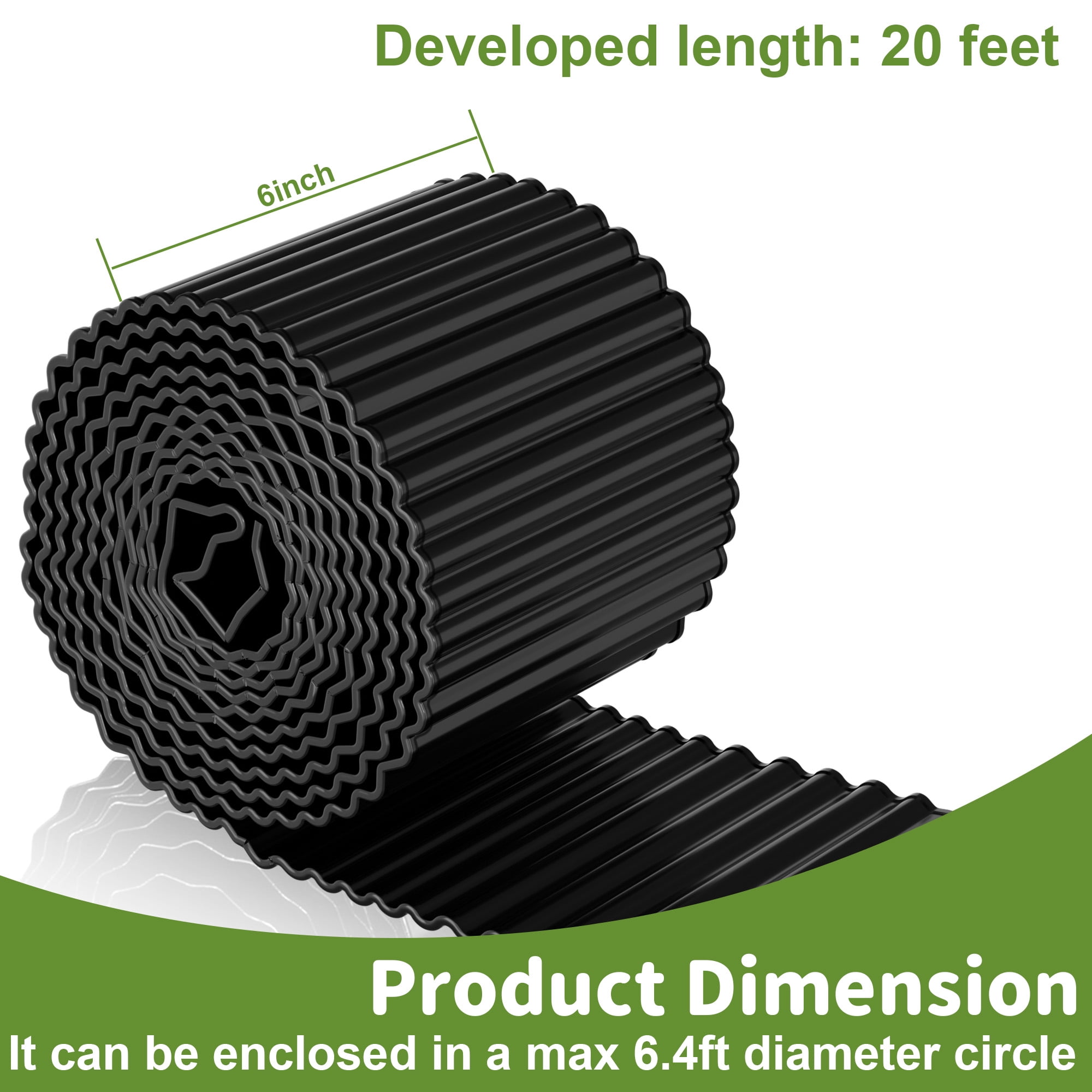 Vinci Metal Landscape Edging Border, 6 Inch x 20 FT Corrugated Steel Garden Edging with Rolled Safety Edges, Flexible Lawn & Flower Bed Edging for Yard, Multiple Sizes & Colors (Black)