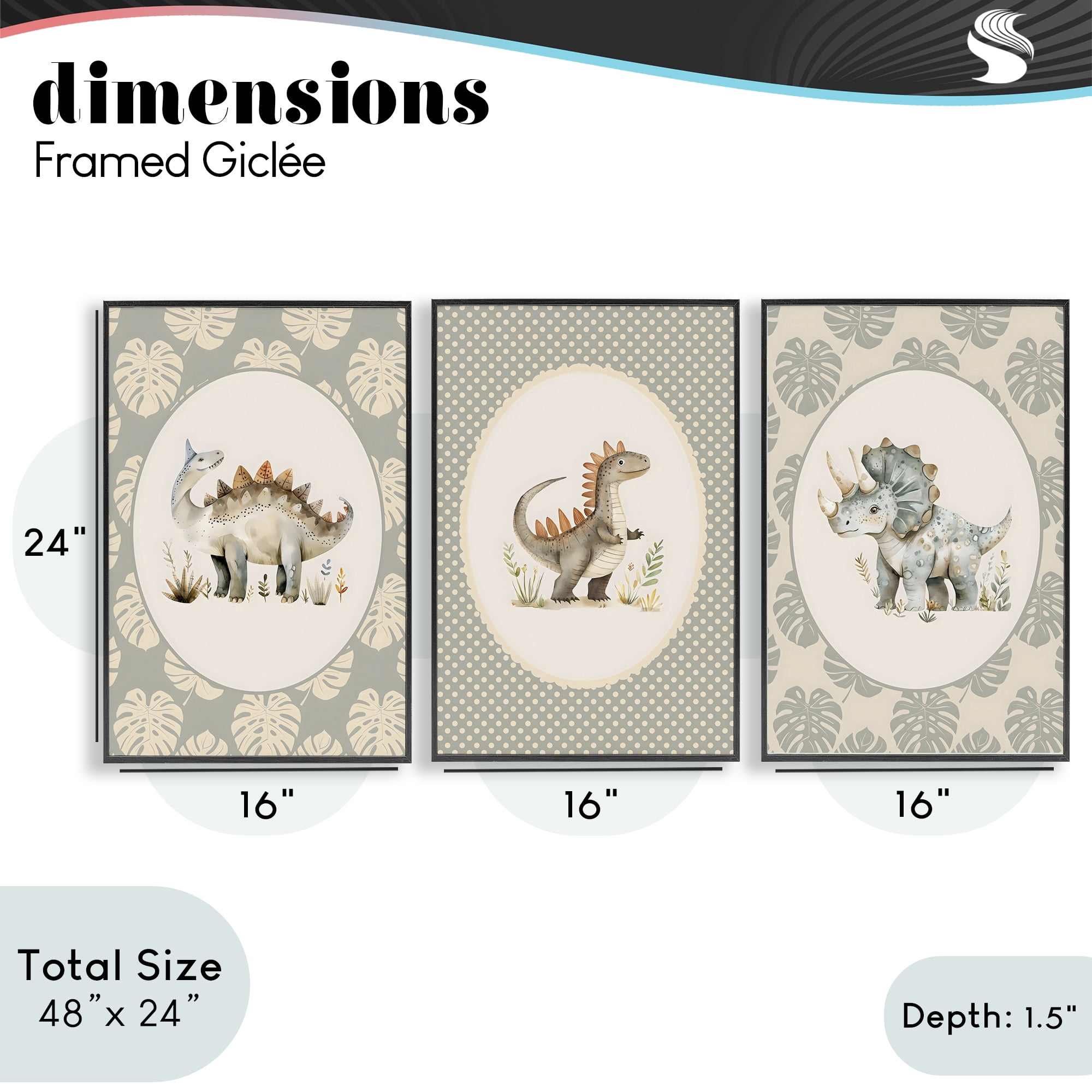 Stupell Industries Nursery Dinosaurs Tropical Border 3 Piece Black Framed Giclee Art Set, design by LSR Design Studio