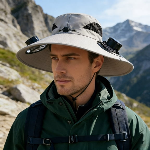 Solar Powered Fan Hat for Men, Brim Breathable Summer Sun Protection Cap with Cooling Fan for Fishing Hiking Beach and Outdoor Activities
