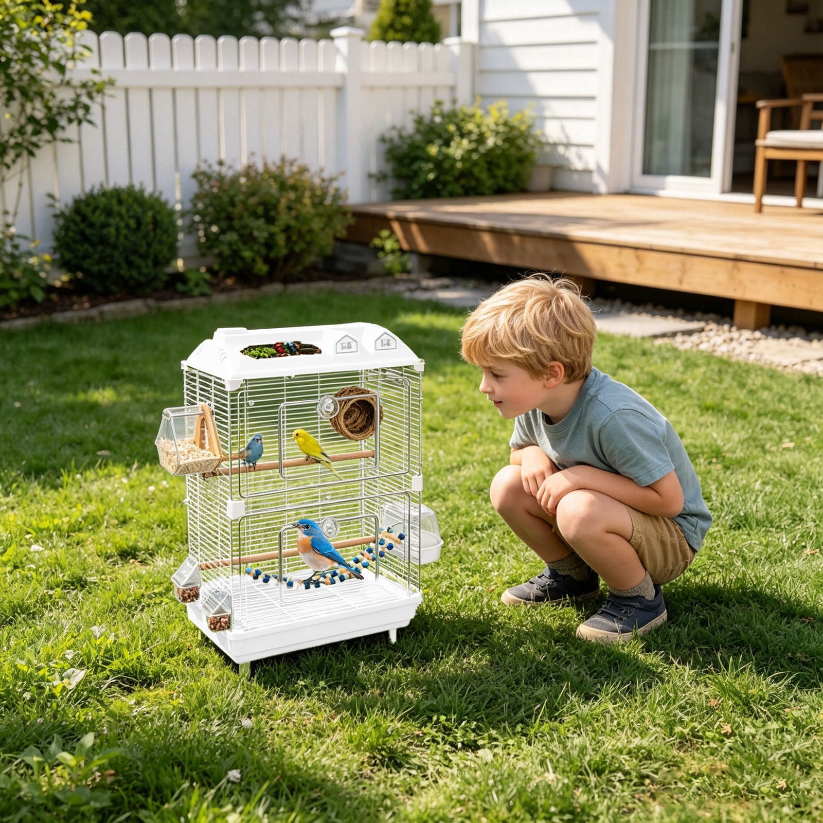 Large Wrought Iron Rolling Bird Cage with Detachable Stand Spacious Flight Aviary for Parakeets Finches Small Pet Birds | 18.50x11.81x30.31 in Beige