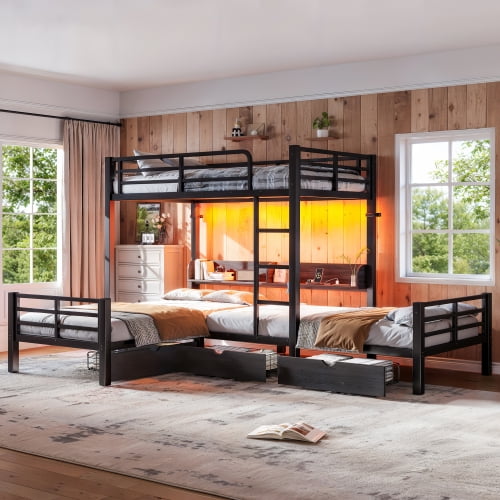 L Shaped Bunk Bed, Triple Twin over Twin Bunk Bed, Metal Frame with Storage Shelves and Drawers, LED Lights and USB Ports, Space-Saving, Bedroom Dorm, Black