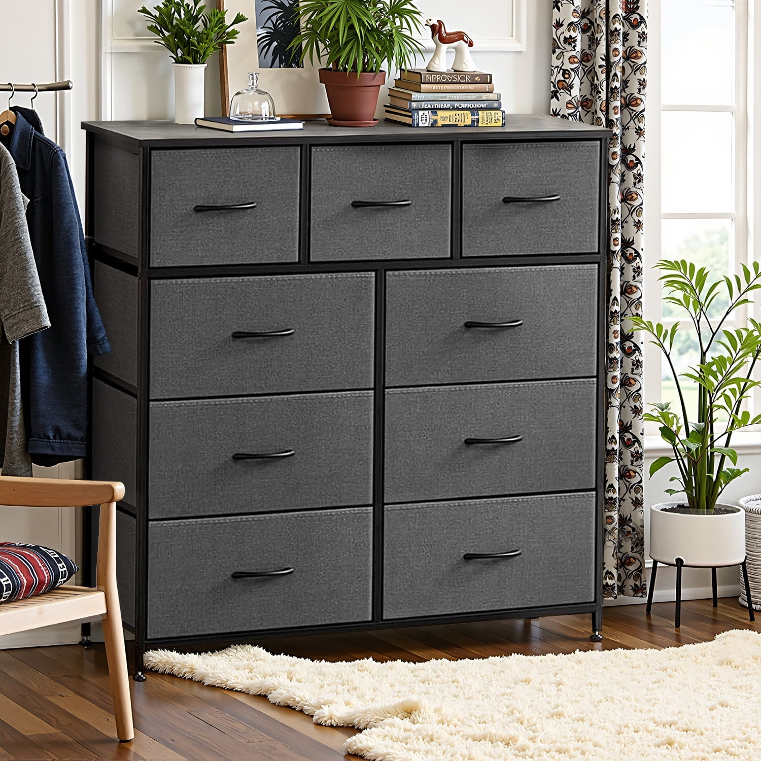 Simenmax 9 Drawers Dresser for Bedroom, Tall Fabric Closet Chests Organizer Tower Furniture with Wooden Top Metal Frame for Clothes, Room, Living Room, Hallway, Entryway,Gray