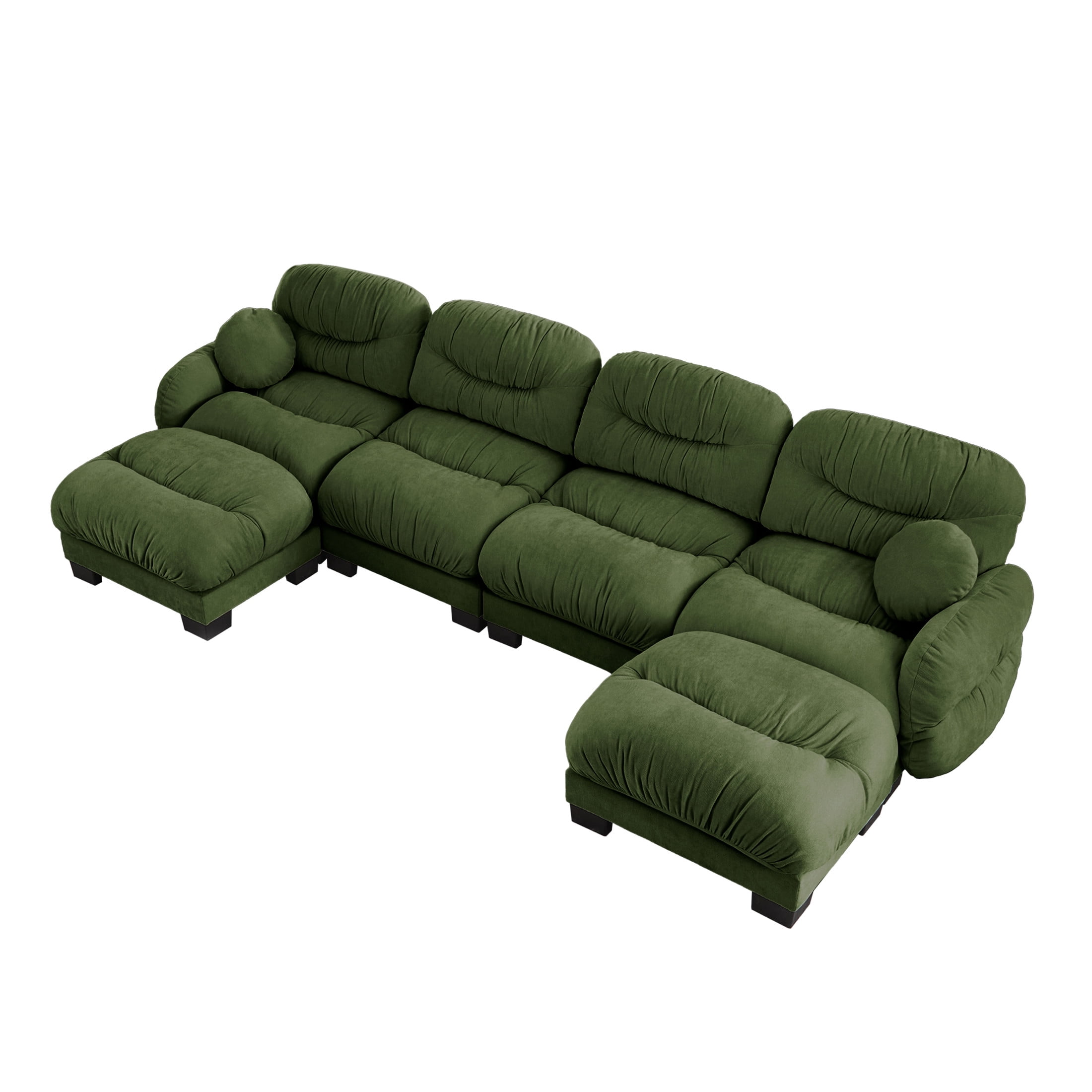 Noble House Corlan Pleated Chenille 4-Seater Sectional Sofa, Modular Deep Seat Couch with 2 Ottomans and Throw Pillows, Green