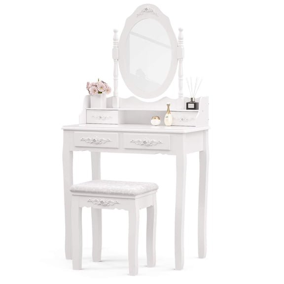White Vanity Desk with Mirror and Stool, 4-Drawer Makeup Table with Storage