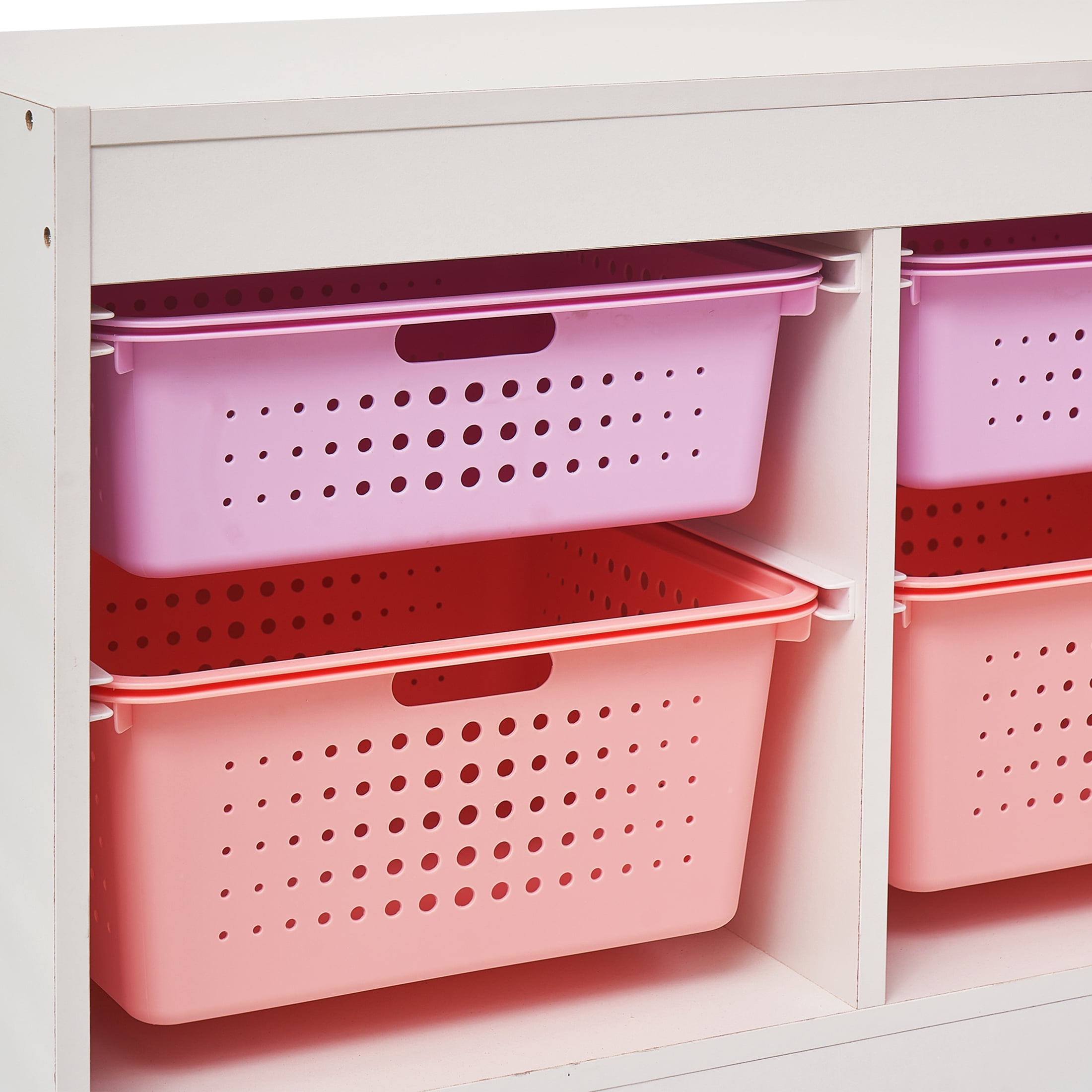 Your Zone Wooden Kids Horizontal Sliding Bin Organizer with 6 Storage Bins, Pink, Age 3+