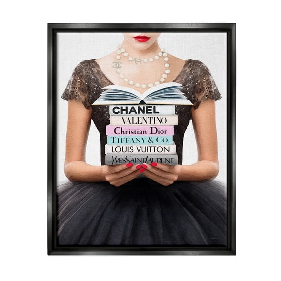 Stupell Industries Girl with Fashion Books Beauty & Fashion Painting Black Floater Framed Canvas Art Print Wall Art, 17 x 21