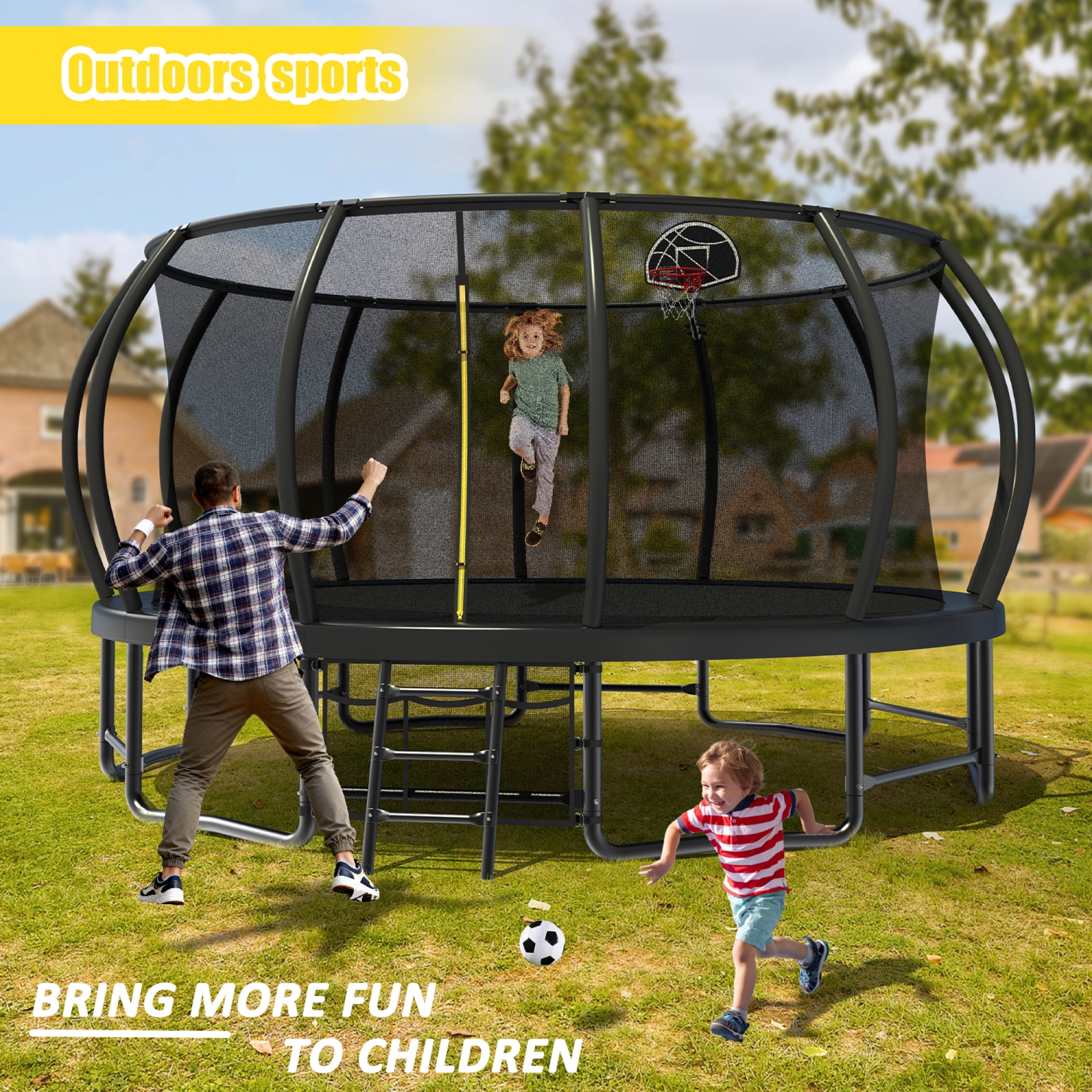 16FT Trampoline for Kids and Adults,Outdoor Pumpkin Trampolines with Curved Poles,Heavy Duty Trampoline with Ladder and Basketball Hoop,Black