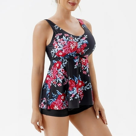 PMUYBHF Hauts de Bikini à Armatures pour Femme Nouveau Tankini Européen et Américain Rétro Imprimé Conservateur Maillot de Bain Rouge G pour Femme