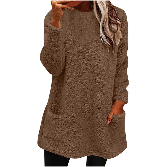 tarylea Hauts pour Femmes d'Hiver en Peluche Chandail à Enfiler Col Rond Manches Longues Tunique avec Poches Couleur Unie Décontracté Ample Hauts Chauds Confortables Tenue Quotidienne Hauts