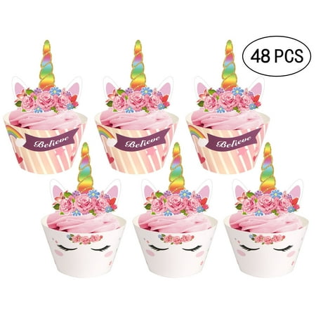 48ct Unicorn Cupcake Toppers Wrappers Birthday Party Cake