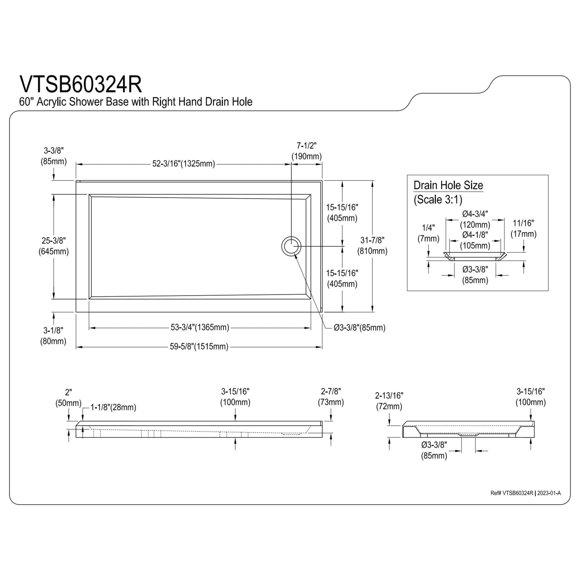 Kingston Brass VTSB60324R Aruba 60" x 32" Acrylic Double Threshold Shower Base with Right Drain, Glossy White
