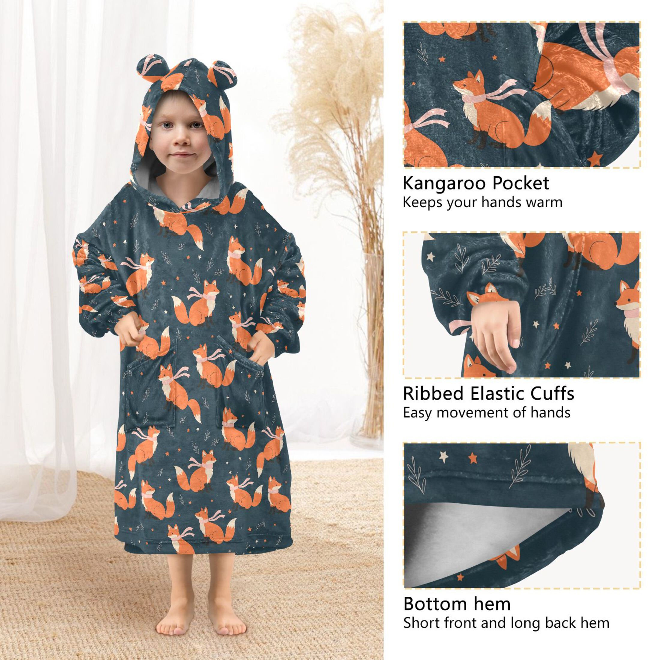 Wearable Blanket Hoodie for Kids Fox with Scarf Flannel Hooded Blanket with Pockets and Sleeves Suitable for Boys and Girls