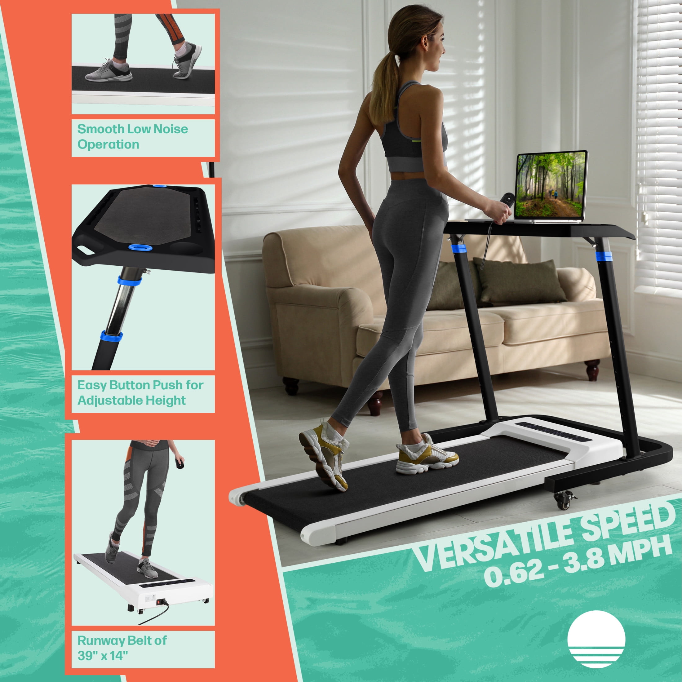 RAD Sportz Walking Pad Treadmill and Standing Desk Workout Set, Black/White