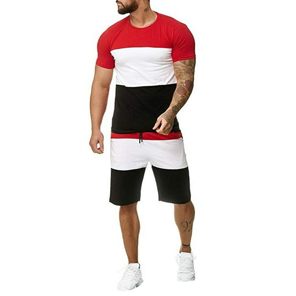 nsendm Mens Suit Adult Male Suit Haptic Suit Short 2 Short Thin Sport Outfit Sets Casual Mens Piece Set Sleeve Leisure Summer Men Suits Sets One(Red,4XL)