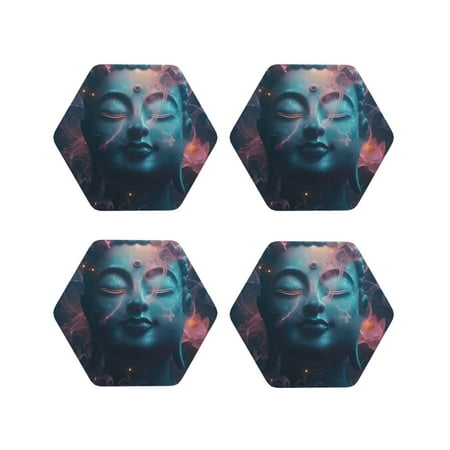 

Yiaed Cosmic Meditation Lotus Print Leather Coasters for Drinks - Cup Coasters Coffee Table Kitchen Table Bar Home & Office Gifts Handmade Drink Coasters-Hexagon