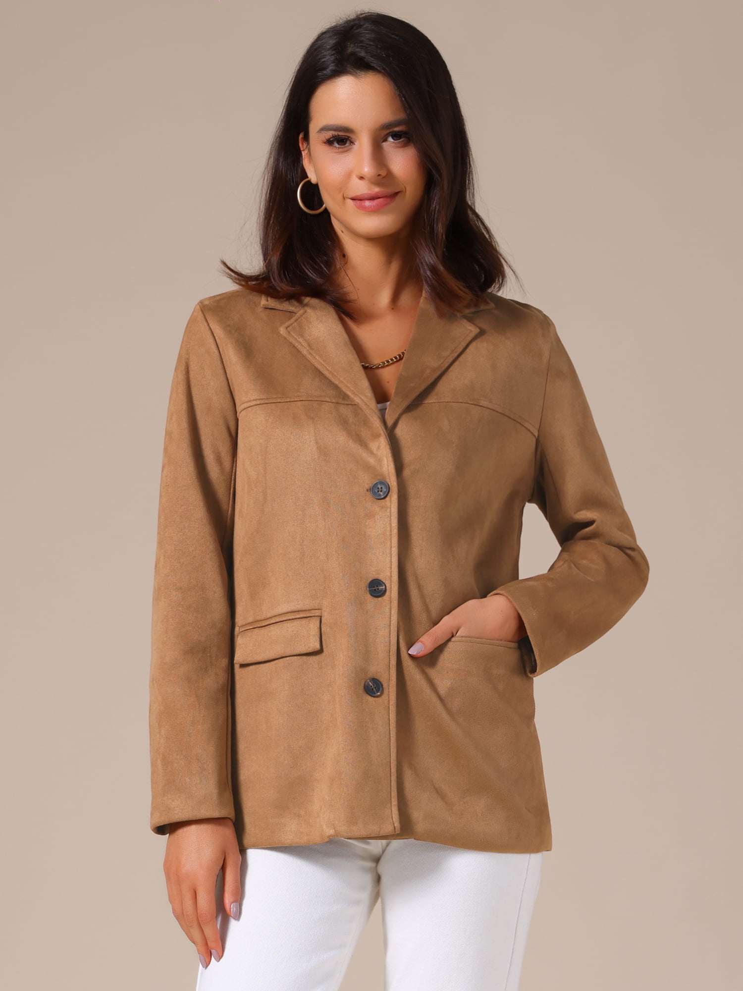 DARING DIVA Women's Faux Suede Lapel Open Front Long Sleeve Blazer Jacket XL Brown