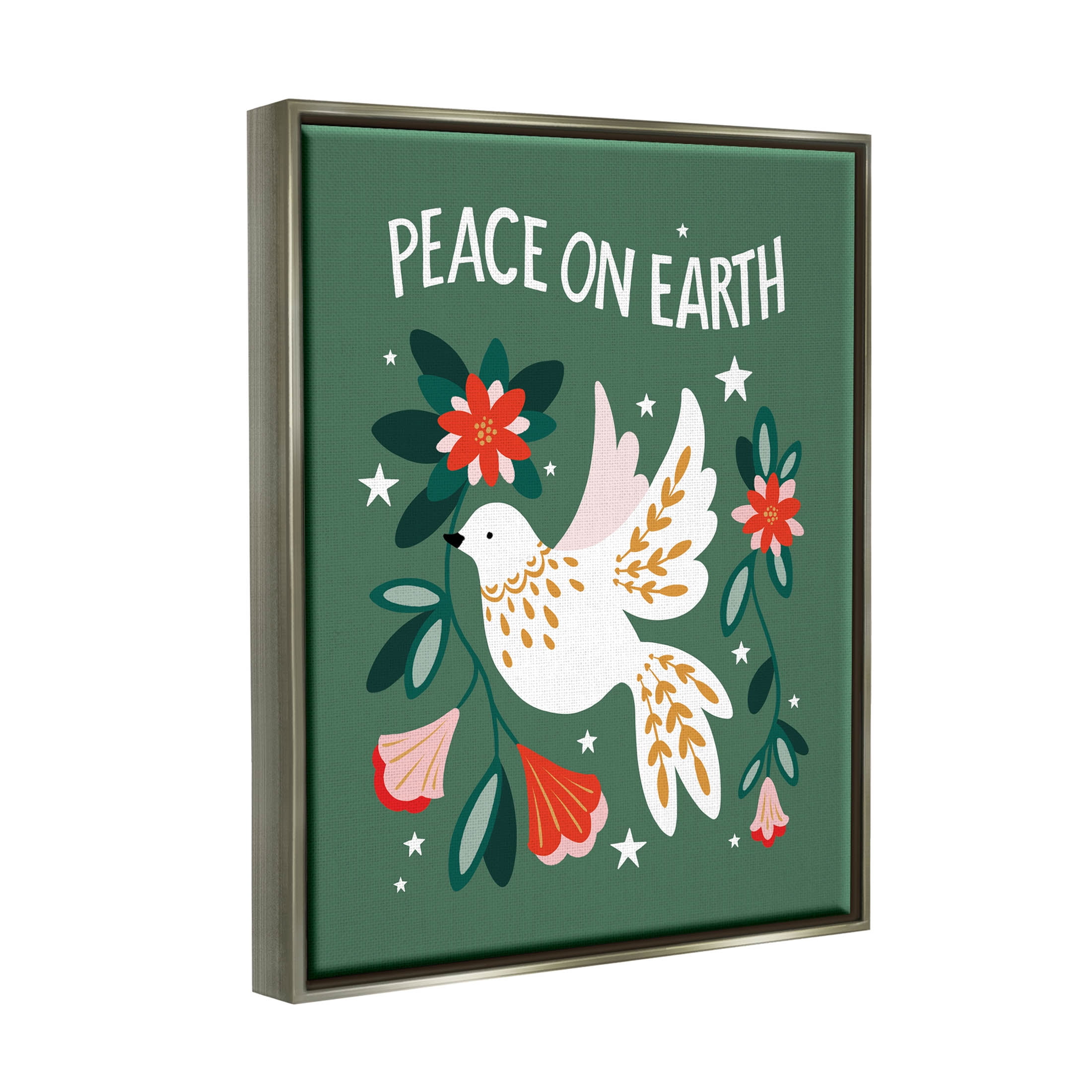 Peace On Earth Floral Dove Blossoms Holiday Graphic Art Luster Gray Framed Art Print Wall Art