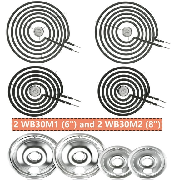 WB30M1 WB30M2 Electric Range Burner Element Set & WB31T10010 WB31T10011 4 Pack Silver Drip Pans for GE Hotpoint Electric Range Stove (2 Pcs 6" & 2 Pcs 8")
