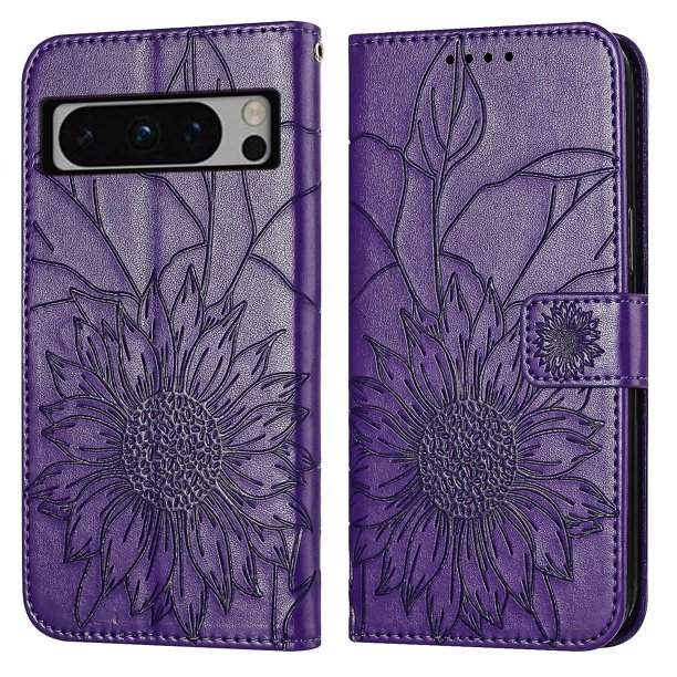 Funda tipo cartera con girasoles grabados para Google Pixel 8 Pro: elegante, multifuncional y con protección total.