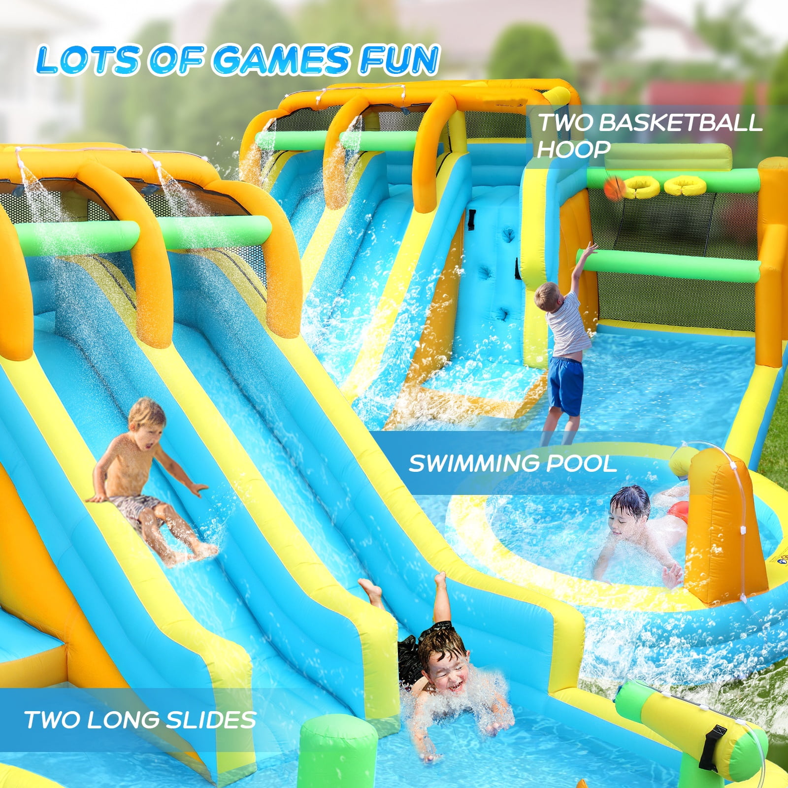 Ktaxon 11-in-1 Inflatable Water Slide Bounce House with Blower, Double Slides Water Park, Pool & Basketball & Football Games for Kids Backyard